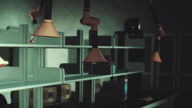 In a workshop, lamps and shelves hold various tools and equipment. The setting is dimly lit, showing a sense of creativity and late night work.