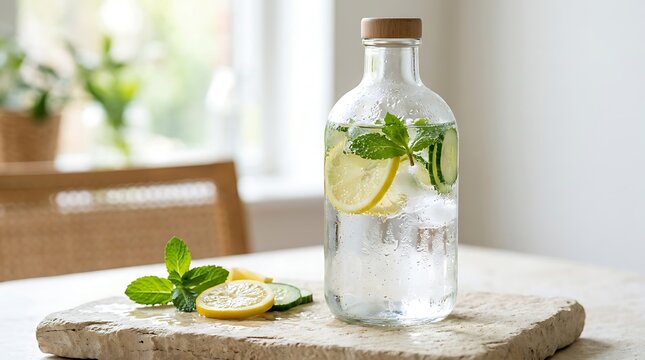 A clear glass bottle filled with cold detox water, ice, lemon slices, cucumber slices, and fresh mint leaves rests on a stone slab beside sliced citrus and mint sprigs on a table.