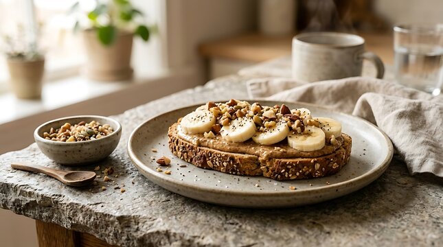 A slice of toasted whole grain bread spread with peanut butter and topped with banana slices and chopped walnuts on a ceramic plate, served with coffee and a bowl of chopped nuts.