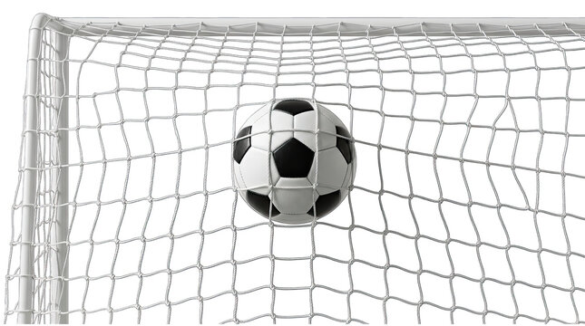 Classic soccer ball caught in white goal net against transparent background for sports design.