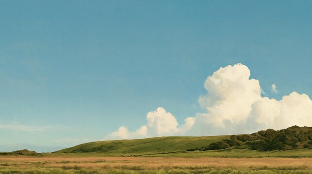 Expanding Horizon Over Rolling Green Hills and Golden Fields Under Blue Sky