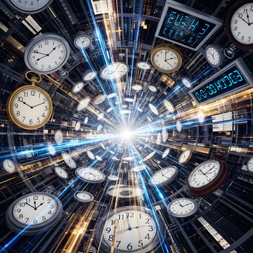Surreal Conceptual Visualization of Multiple Floating Clocks Swirling into a Luminous Cosmic Vortex Symbolizing Time Travel and Relativity