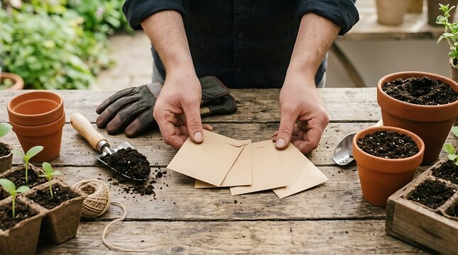 A gardener's hands holding paper seed packets over a rustic wooden potting bench filled with terracotta pots, soil, garden trowel, work gloves, and small sprouted seedlings.
