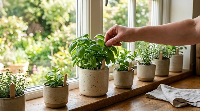 A person's hand picking fresh basil leaves from ceramic potted herbs arranged in a row on a wooden windowsill overlooking a sunlit green garden outside the window.