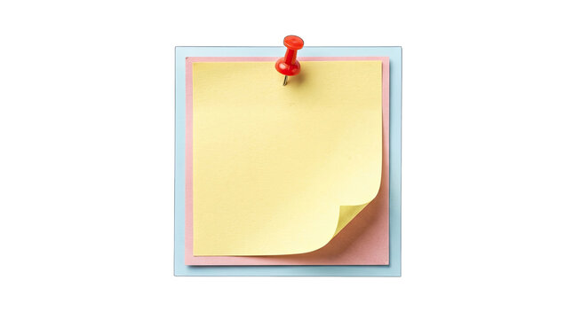 Colorful sticky notes paper stack attached with red push pin for office and school organization.