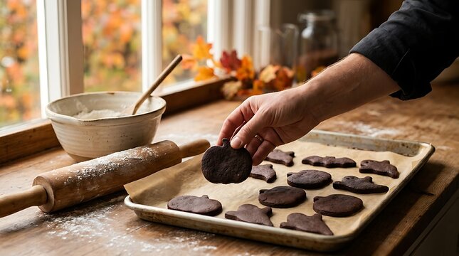 A person placing pumpkin-shaped chocolate cookies onto a baking sheet lined with parchment paper, surrounded by a rolling pin, flour bowl, and autumn leaves by a bright window.