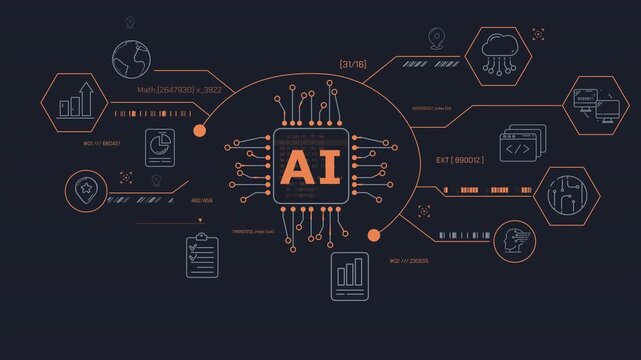 AI processor icon at the center of a data processing infographic