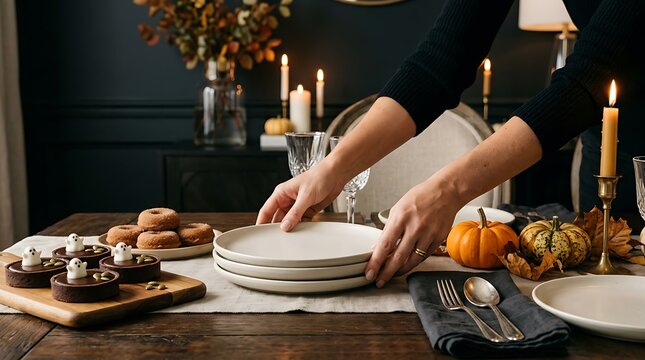 Hands placing a stack of ceramic plates on a beautifully set wooden dining table decorated for autumn with mini pumpkins, lit candles, wine glasses, dark napkins, and sweet desserts.