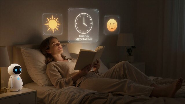 Woman relaxes in bed, reading as holograms project meditation and time.