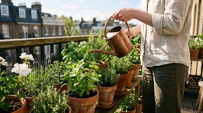 Person using a copper watering can to water potted green herbs arranged on a balcony garden shelf, with urban apartment buildings visible in the soft background light.