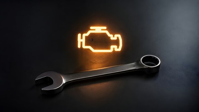 Metal wrench tool below glowing orange car engine block neon icon. Concept of automotive repair service, mechanical maintenance, and industrial vehicle diagnostics.