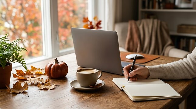 Close-up of a person writing in a notebook next to a cup of coffee and a laptop on a wooden desk, decorated with autumn leaves and a small pumpkin near a window.