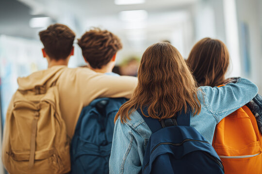Four students walking in a hallway with backpacks, two have their arms around each other, showing friendship and companionship.