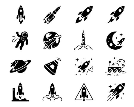 Space exploration vector set with rockets, planets, satellites, and astronomy icons.