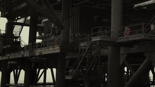 Workers move around the platform of a large offshore industrial site as the sun sets. The structure is built on tall legs and has various pipes and staircases.