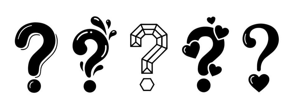 Creative question mark styles and heart silhouette vector icons set