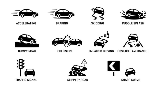 Road safety vector set with driving hazards, traffic signs, and vehicle conditions.