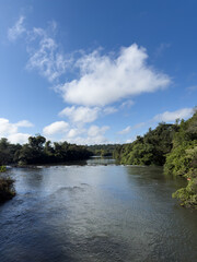 Fototapeta premium Calm Iguazu River Bend with Forested Banks and Distant Rapids
