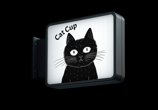 Black Cat Cafe Sign Mockup Illustration PSD
