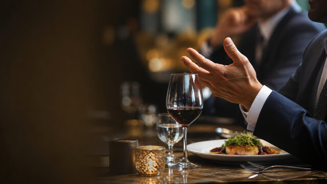 Sophisticated executive networking dinner showcases elegant dining with fine wine and gourmet cuisine, creating memorable atmosphere