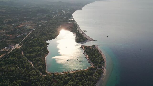 Sunset Glarokavos Lagoon Halkidiki Greece Aerial Drone View