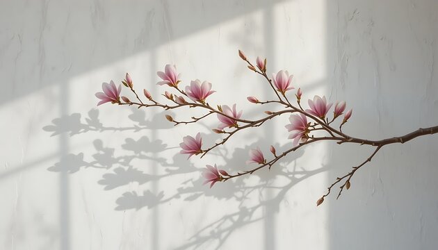 A blooming magnolia branch stretches horizontally against a light wall, casting soft botanical and window shadow patterns under natural daylight in a minimal interior aesthetic space.