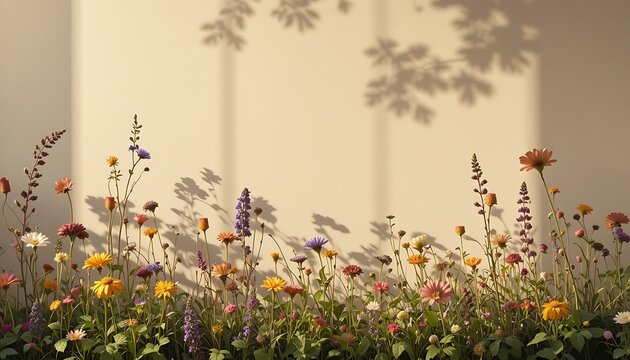 A vibrant assortment of colorful wildflowers lines the bottom of a warm beige wall, illuminated by soft sunlight casting delicate leaf and window shadows across the clean backdrop.