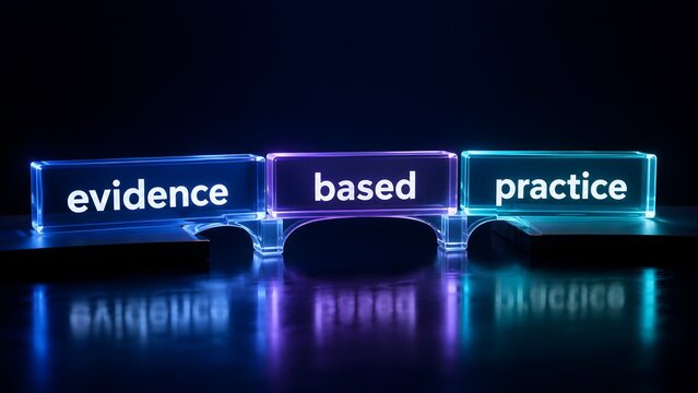 Glowing glass blocks forming a bridge with evidence based practice text. Concept of medical healthcare standards and clinical research methodology.