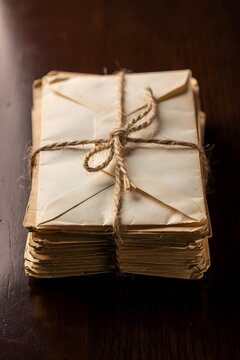 Stack of aged handwritten letters and vintage documents tied with twine on a wooden desk, evoking history, memory and correspondence