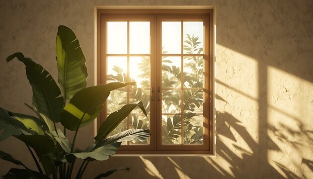 Bright sunlight streams through a wooden window frame onto a beige textured wall, casting soft geometric and leafy plant shadows alongside a large green indoor banana houseplant.