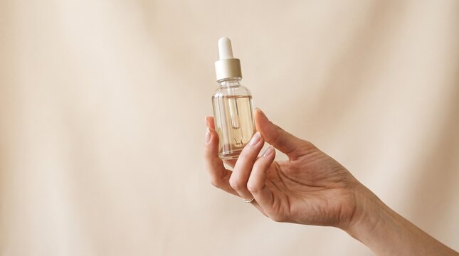 Hand holding glass dropper serum bottle with golden liquid beige background skincare product photography