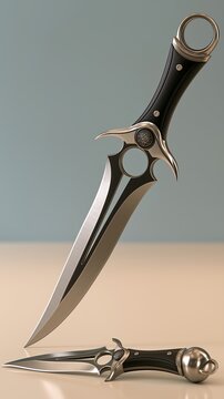 Two modern tactical hunting knives with sharp polished double edged blades and ergonomic black handle on plain neutral background shows premium edged cutting tool