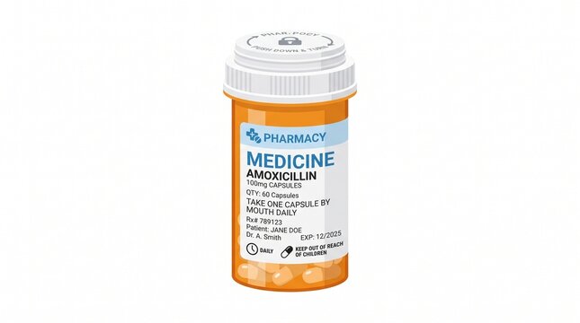 Orange Prescription Pill Bottle with Amoxicillin Label Standing on White Background