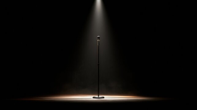 Vintage stand up microphone standing alone on dark empty stage illuminated by single bright spotlight shows performance and open mic event concept