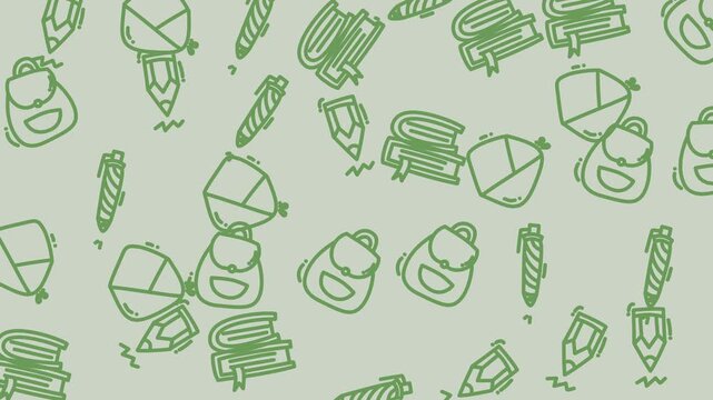 Green outlined school supplies for backpacks, notebooks, pens, pencils, icons in a pattern with a light background. Perfect for educational materials designs.