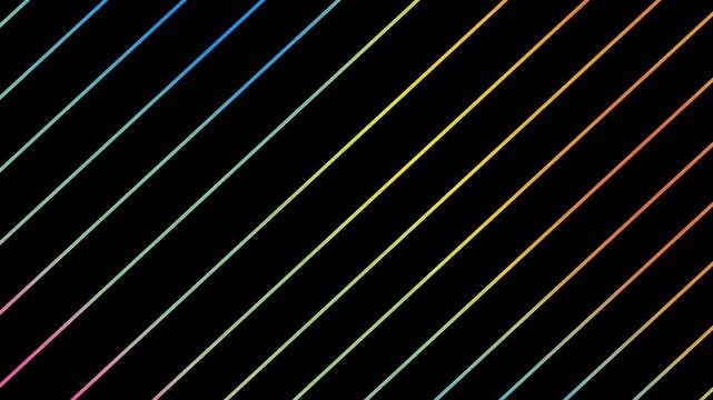 Clean motion graphic featuring thin diagonal lines with rainbow gradients moving across a dark background.