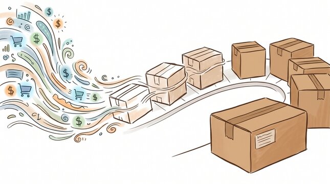 E commerce logistics and shipping process with shopping carts and dollar signs flowing into cardboard boxes on a conveyor belt