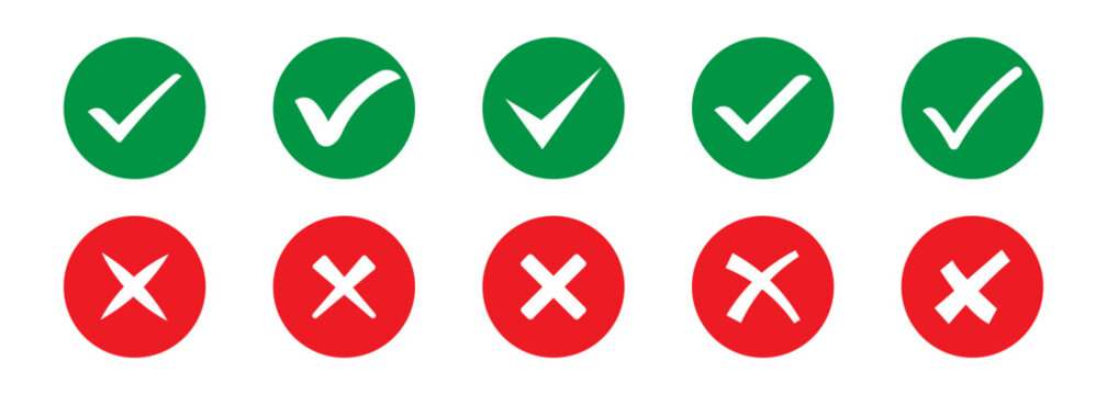 Green check mark and red cross icon set for right wrong true false yes no approval and rejected vector elements