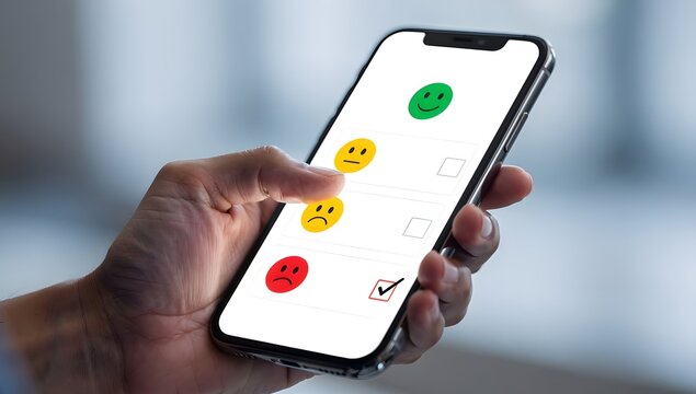 Mobile customer feedback survey on smartphone screen with positive, neutral and negative emoticons for rating satisfaction and user experience