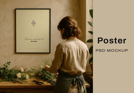Woman Arranging Flowers In Poster Mockup PSD In Cozy Studio Scene