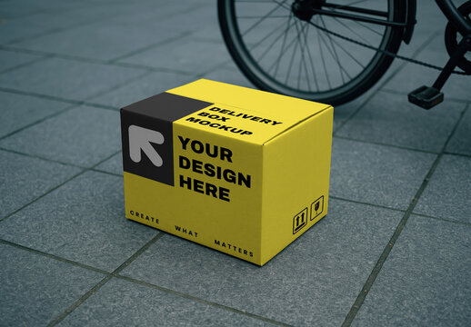 Yellow Delivery Box Mockup PSD On Pavement Near A Bicycle Wheel