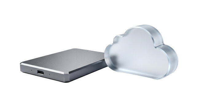 Cloud computing storage concept, metallic external hard drive with glass cloud icon, data backup and network synchronization technology