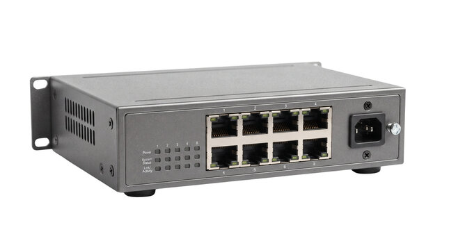 Industrial network switch with 8 ethernet ports. Professional rackmount router for data centers. Grey metallic internet hub for server rooms.