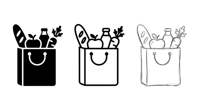 Grocery bag vector illustration set showing fresh food items in three distinct clean artistic styles
