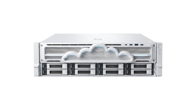 Cloud computing server hardware, white data center rack unit with cloud icon, enterprise network storage equipment