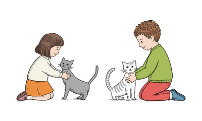 Cute cartoon boy and girl playing with domestic cats, vector illustration set