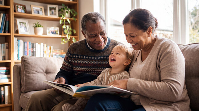 Diverse grandparents are reading a picture book with a laughing toddler on a cozy sofa for Grandparents Day marketing campaigns