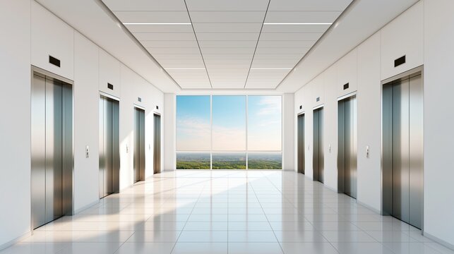 Bright empty modern office elevator lobby with multiple stainless steel elevators and large panoramic window looking out over green city landscape on bright sunny day