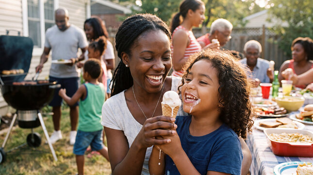 Mother and child are enjoying ice cream at a festive Labor Day backyard barbecue for social media content