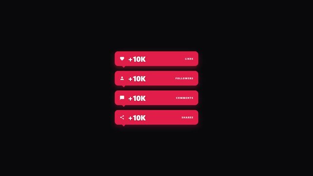 Social media engagement counter animation with icons and 10k numbers. 4K Video